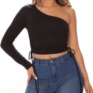 U2B Black One Shoulder Black top with Side Draw Strings Size 0XL - NWT.